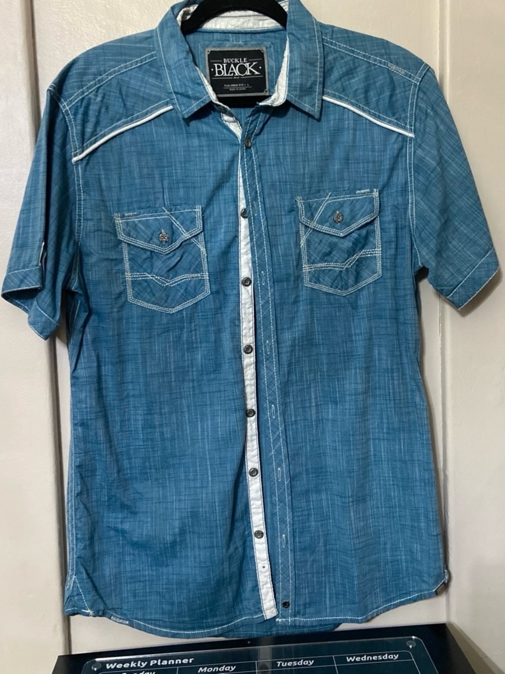 Buckle Black Short-Sleeve Denim-Style Button Shirt in Blue